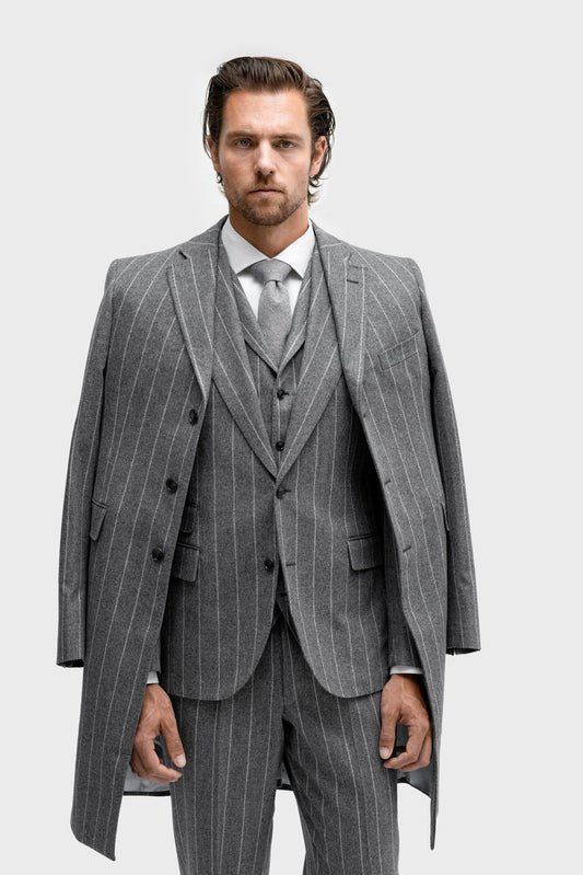 Single Breasted Pin Stripe Suit, Vest, Over Coat